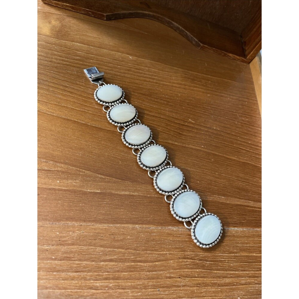 Vintage Wide Gorgous .925 Sterling Silver Mother of Pearl Bracelet 7”